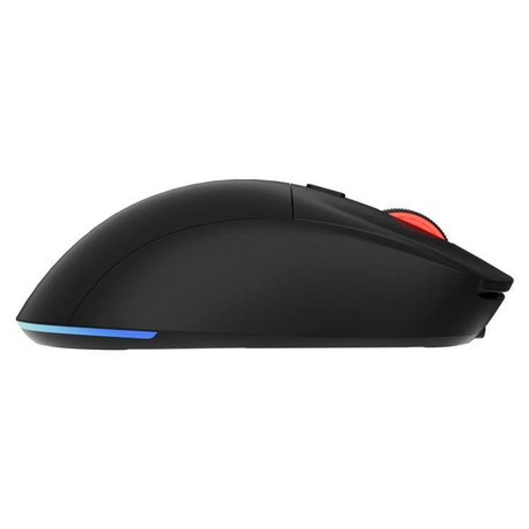 GENESIS ZIRCON XIII gaming miška, levi stranski profil z RGB osvetlitvijo zadnjega roba in rdečim koleščkom.