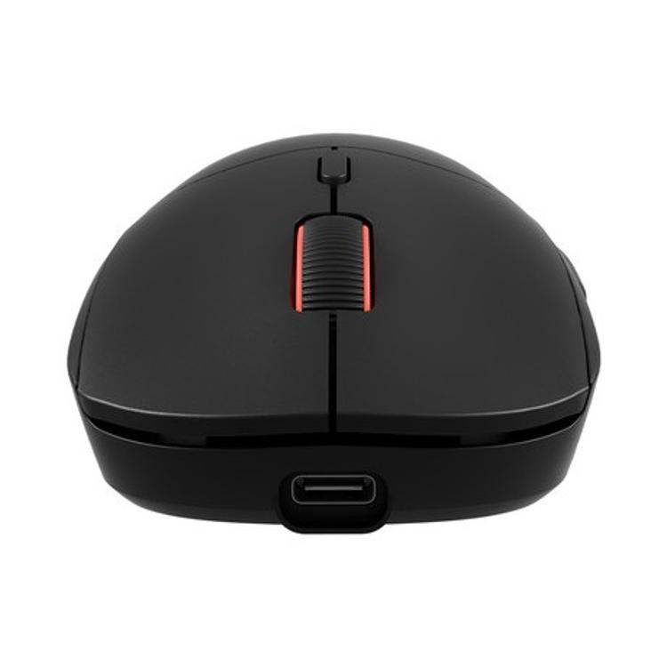 GENESIS ZIRCON XIII gaming miška, zadnji pogled s priključkom USB-C in rdeče osvetljenim koleščkom.