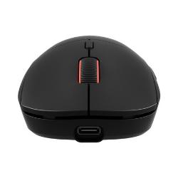 GENESIS ZIRCON XIII gaming miška, zadnji pogled s priključkom USB-C in rdeče osvetljenim koleščkom.