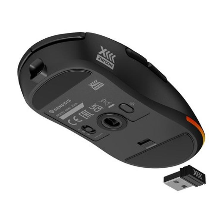 GENESIS ZIRCON XIII, spodnji pogled pod kotom z USB sprejemnikom ter vidnim optičnim senzorjem.