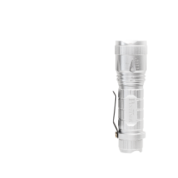 Kompaktna aluminijasta LED-svetilka srebrne barve s sponko za pripenjanje in rebrastim ohišjem.