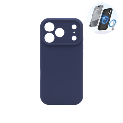 Temno moder silikonski ovitek N‑Soft Magnetic za iPhone 17 Pro z vgrajenim MagSafe magnetnim obročem in natančnimi izrezi za kamere.