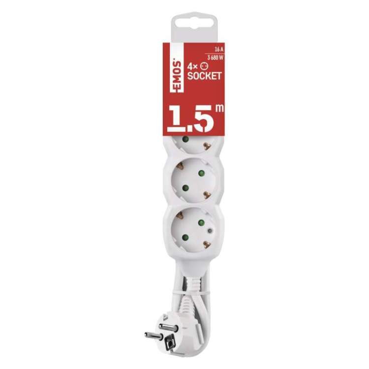 Podaljšek Emos 1,5 m / 4 vtičnice / beli / PVC / 1,5 mm2