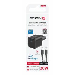 Hitri stenski polnilnik Swissten GaN 20 W v elegantni črni izvedbi z USB‑C priključkom in podporo Power Delivery omogoča učinkovito polnjenje pametnih telefonov, tablic in drugih združljivih naprav.