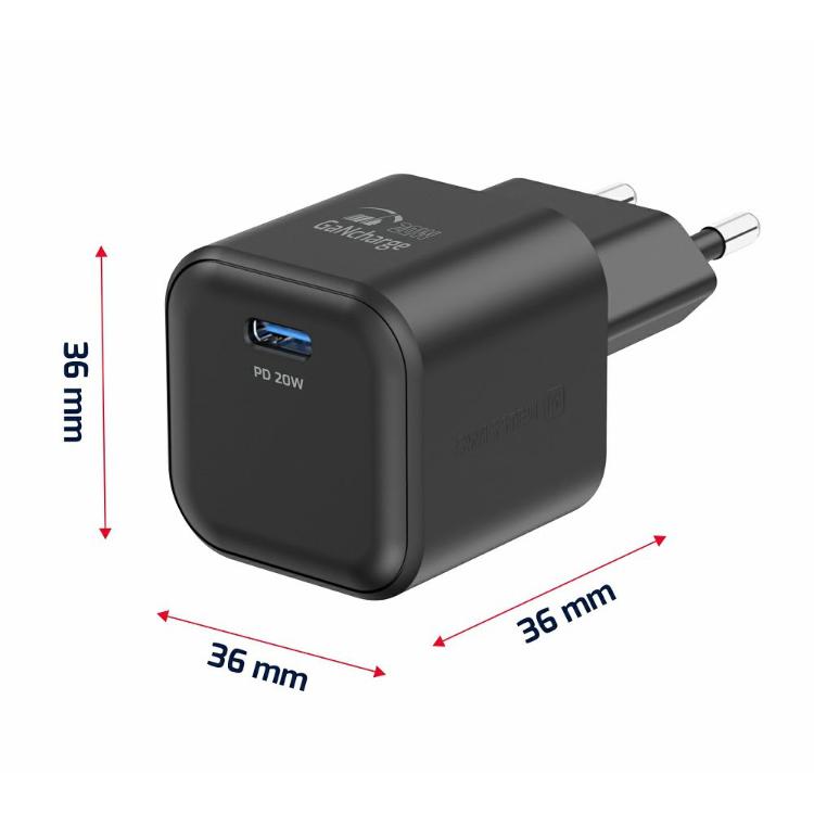 Kompaktni polnilnik Swissten GaN 20 W v črni barvi z večstopenjsko zaščito in podporo hitremu polnjenju Power Delivery zagotavlja varno, hitro in zanesljivo napajanje doma, v pisarni ali na poti.