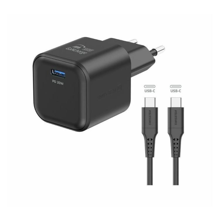 Hitri stenski polnilnik Swissten GaN 20 W v elegantni črni izvedbi z USB‑C priključkom in podporo Power Delivery omogoča učinkovito polnjenje pametnih telefonov, tablic in drugih združljivih naprav.
