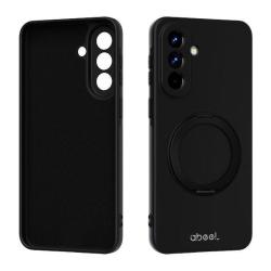 Črn silikonski ovitek za Samsung Galaxy A57 5G z vgrajenim vrtljivim obročem za boljši oprijem in podporo ter natančnim izrezom za kamero nudi zaščito in udobno uporabo.