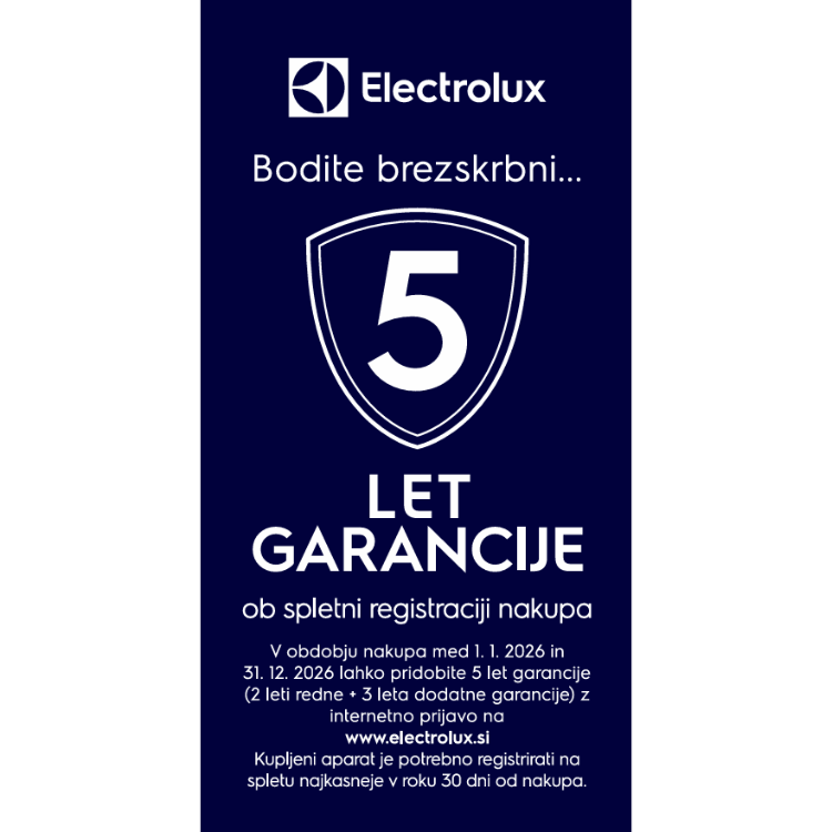 Electrolux promocijska grafika za 5 let garancije, modro ozadje z besedilom o registraciji in oznako »5 let garancije«.