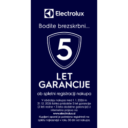 Electrolux promocijska grafika za 5 let garancije, modro ozadje z besedilom o registraciji in oznako »5 let garancije«.