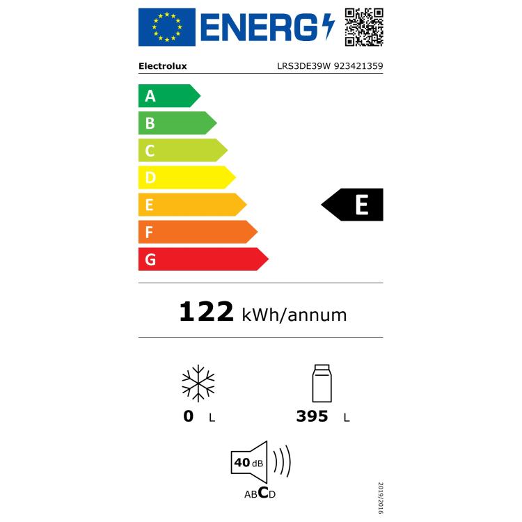 Energijska nalepka hladilnika Electrolux z razredom učinkovitosti E, poraba 122 kWh letno in prostornina 395 L.