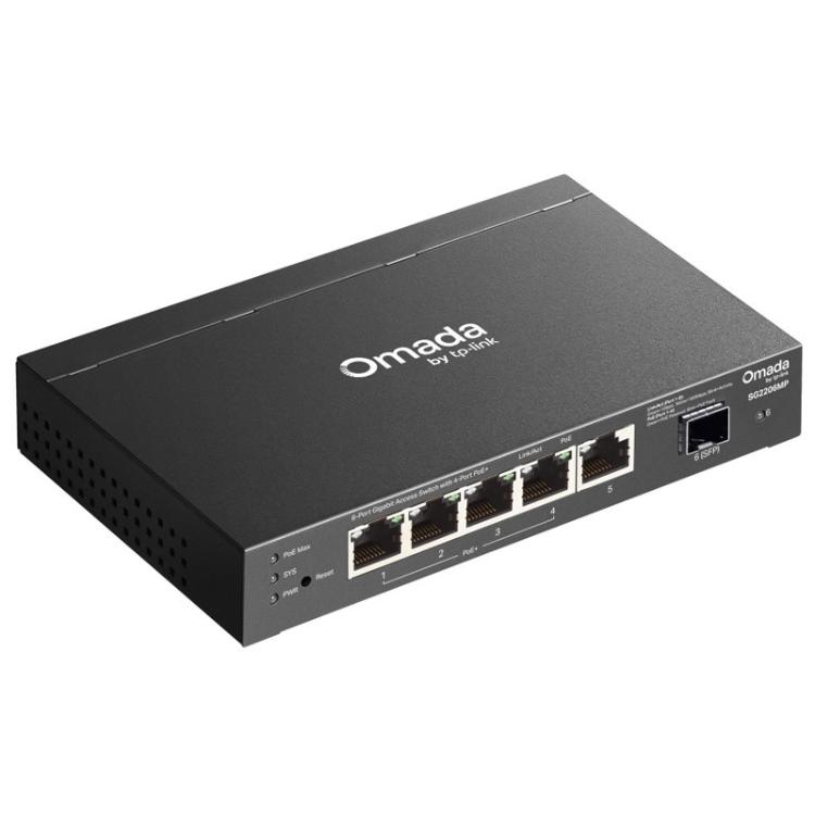 TP-Link Omada SG2206MP je Gigabit stikalo s 4 PoE+ priključki, dodatnim Gigabit uplink priključkom in SFP režo, ki omogoča zanesljivo povezovanje ter napajanje dostopnih točk, IP kamer in drugih omrežnih naprav.