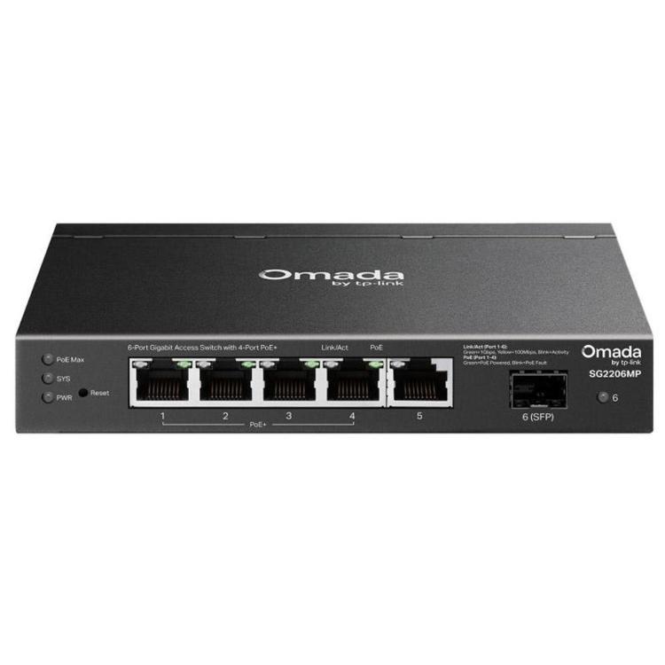TP-Link Omada SG2206MP je Gigabit stikalo s 4 PoE+ priključki, dodatnim Gigabit uplink priključkom in SFP režo, ki omogoča zanesljivo povezovanje ter napajanje dostopnih točk, IP kamer in drugih omrežnih naprav.