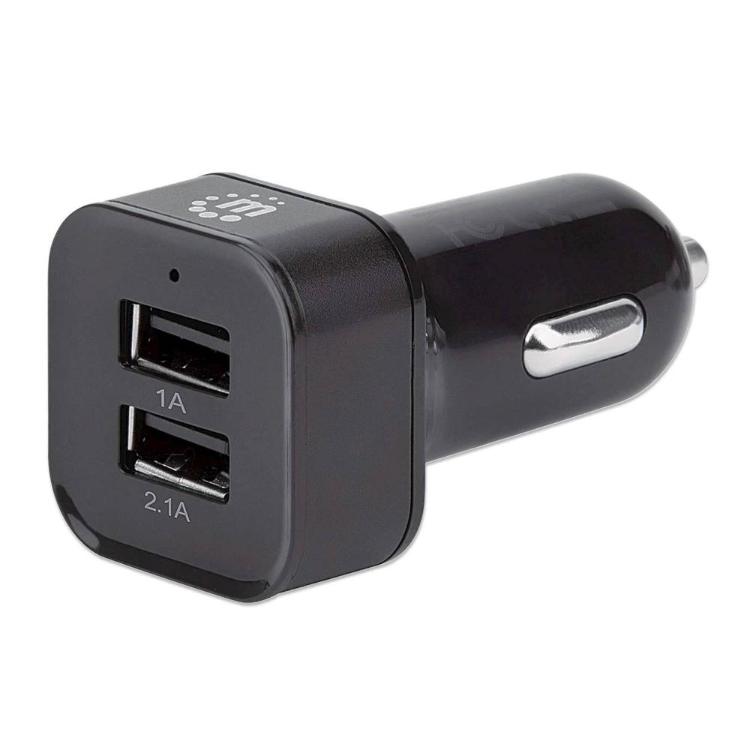 Avtopolnilec 2 X USB-A Manhattan + kabel, črne barve