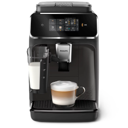 Avtomatski kavni aparat Philips LatteGo s posodo za mleko, digitalnim zaslonom na dotik in sistemom za pripravo kavnih napitkov.