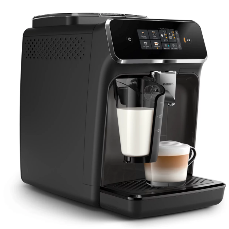 Avtomatski kavni aparat Philips LatteGo, prikazan iz leve stranske perspektive z mlečno posodo in skodelico latte macchiata.
