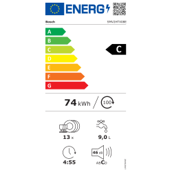 Energijska nalepka za pomivalni stroj Bosch SMV2HTX08E z energijskim razredom C, porabo 74 kWh na 100 ciklov, kapaciteto 13 pogrinjkov, porabo vode 9,0 L na cikel in glasnostjo 46 dB.
