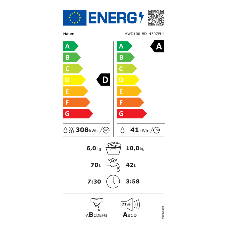 Energetska nalepka pralno-sušilnega stroja **Haier HWD100-BD14397PU1** prikazuje **energijski razred D pri pranju in sušenju** ter **energijski razred A samo pri pranju**, porabo **308 kWh na 100 ciklov pranja in sušenja** oziroma **41 kWh na 100 ciklov pranja**, zmogljivost **6 kg za pranje in sušenje** ter **10 kg za pranje**, porabo vode **70 l pri pranju in sušenju** oziroma **42 l pri pranju**, trajanje programa **7 ur in 30 minut pri pranju in sušenju** oziroma **3 ure in 58 minut pri pranju**, razred učinkovitosti ožemanja **B** ter raven hrupa **71 dB (razred hrupa A)**.