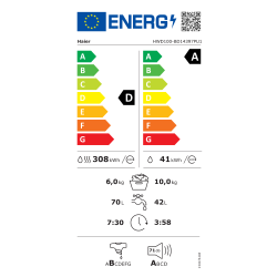Energetska nalepka pralno-sušilnega stroja **Haier HWD100-BD14397PU1** prikazuje **energijski razred D pri pranju in sušenju** ter **energijski razred A samo pri pranju**, porabo **308 kWh na 100 ciklov pranja in sušenja** oziroma **41 kWh na 100 ciklov pranja**, zmogljivost **6 kg za pranje in sušenje** ter **10 kg za pranje**, porabo vode **70 l pri pranju in sušenju** oziroma **42 l pri pranju**, trajanje programa **7 ur in 30 minut pri pranju in sušenju** oziroma **3 ure in 58 minut pri pranju**, razred učinkovitosti ožemanja **B** ter raven hrupa **71 dB (razred hrupa A)**.