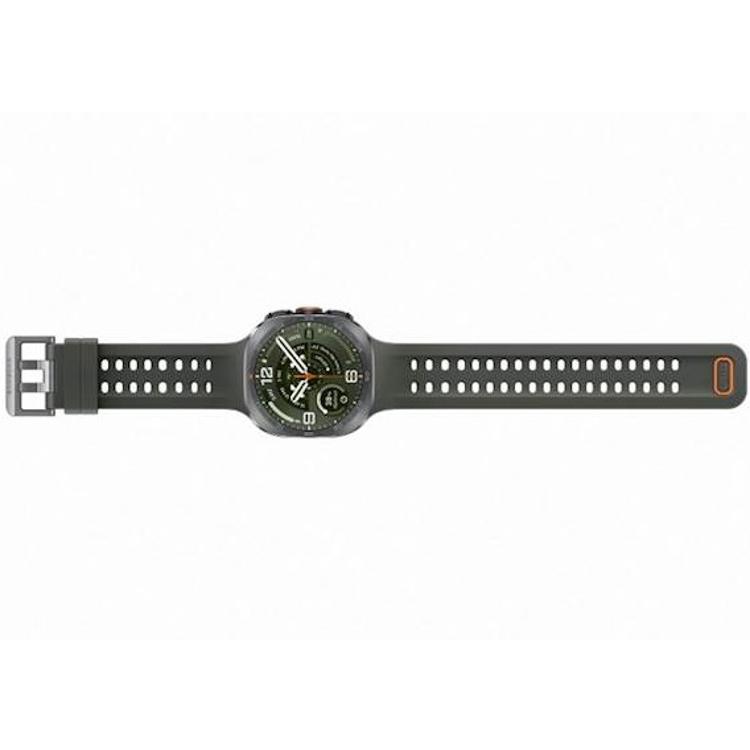 Pametna ura Galaxy Watch Ultra v srebrni izvedbi z zelenim športnim paščkom združuje robustno konstrukcijo, napredne športne funkcije in vrhunsko vzdržljivost.