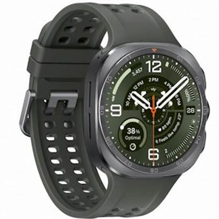 Pametna ura Galaxy Watch Ultra v srebrni izvedbi z zelenim športnim paščkom združuje robustno zasnovo, napredne športne funkcije in vrhunsko vzdržljivost.