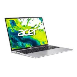 Prenosni računalnik Acer z odprtim zaslonom, tanek srebrn dizajn, prikazan zaslon z logotipom Acer.