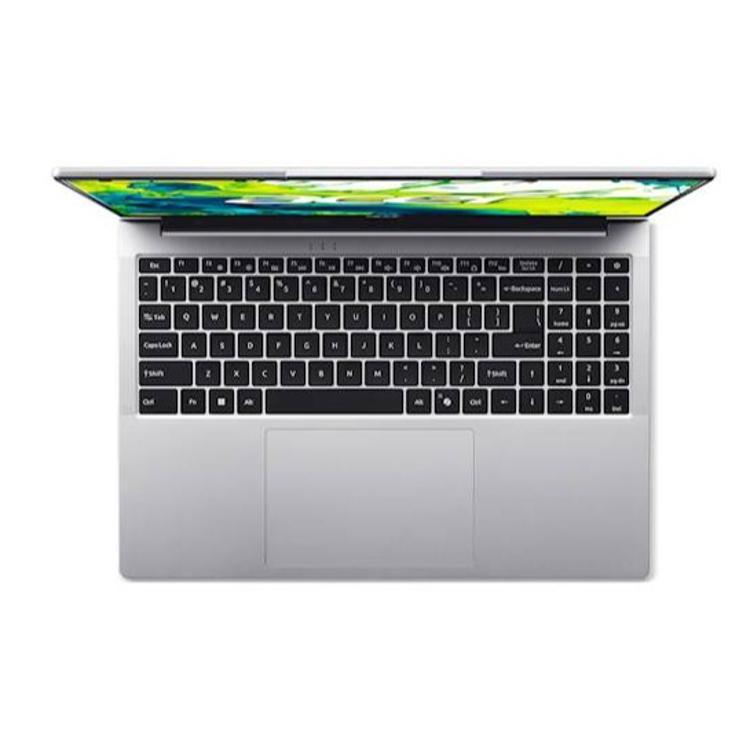 Zgornji pogled na Acer prenosnik: črna tipkovnica, velik sledilnik in tanek srebrn rob.