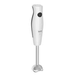 Tefal DailyMix palični mešalnik v beli barvi z inox mešalno nogo, ergonomsko oblikovanim ročajem in gumbom za enostavno mešanje, pasiranje in pripravo različnih jedi.