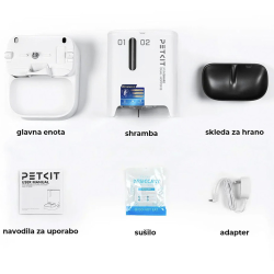 PETKIT YumShare Dual Hopper Pro avtomatski hranilnik v beli barvi, prikazan z vsebino kompleta, vključno z glavno enoto, posodo za hrano, adapterjem in navodili za uporabo.