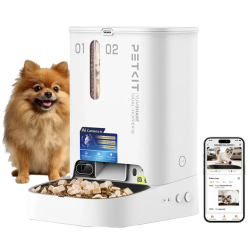 PETKIT YumShare Dual Hopper Pro avtomatski hranilnik v beli barvi, prikazan z mobilno aplikacijo, AI kamero in posodo za hrano za oddaljeno spremljanje hranjenja hišnih ljubljenčkov.