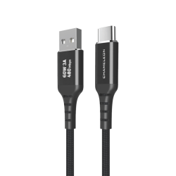Črn najlonsko pleten USB‑A na USB‑C kabel Chameleon s podporo za prenos podatkov do 480 Mbps in polnjenje do 60 W.