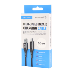 Embalaža podatkovnega in polnilnega kabla Chameleon USB‑A na USB‑C dolžine 50 cm z najlonsko pleteno zaščito.
