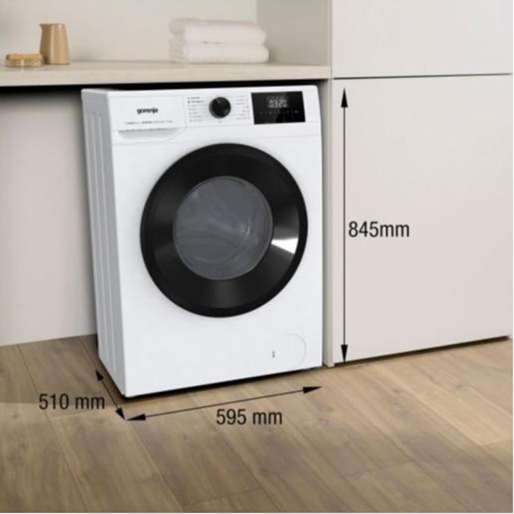 Gorenje pralni stroj v prostoru z označenimi dimenzijami 845 × 595 × 510 mm.