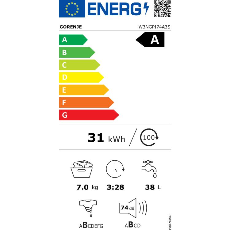 Energijska nalepka pralnega stroja Gorenje z razredom A, porabo 31 kWh na 100 ciklov, kapaciteto 7 kg, trajanjem 3:28 in porabo vode 38 L
