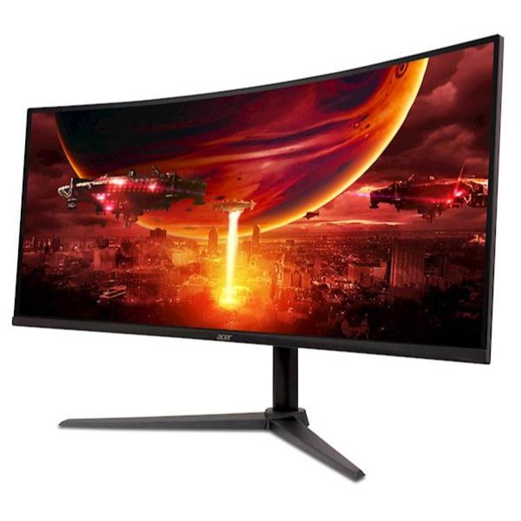 Sprednji pogled ukrivljenega monitorja Acer Nitro ED340CU z gaming prikazom na zaslonu.