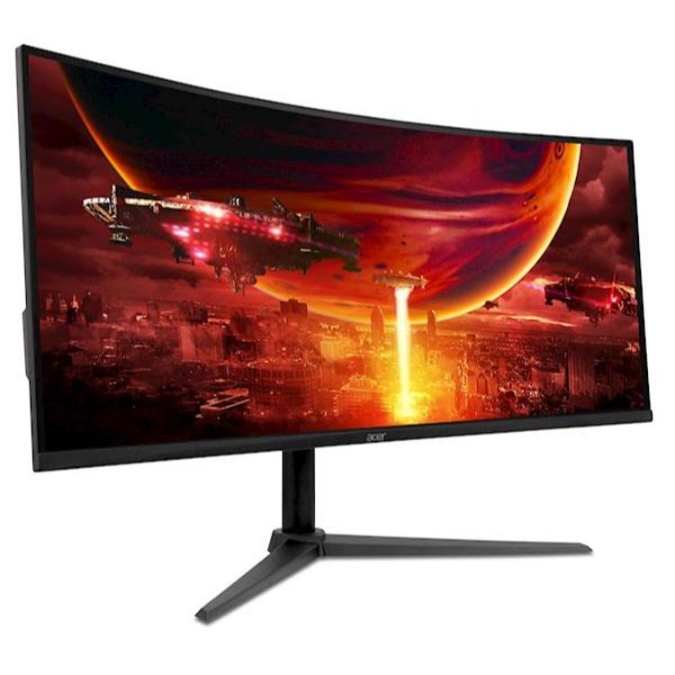 Ukrivljen gaming monitor Acer Nitro ED340CU, sprednji pogled, 34", širok zaslon in minimalistično stojalo.