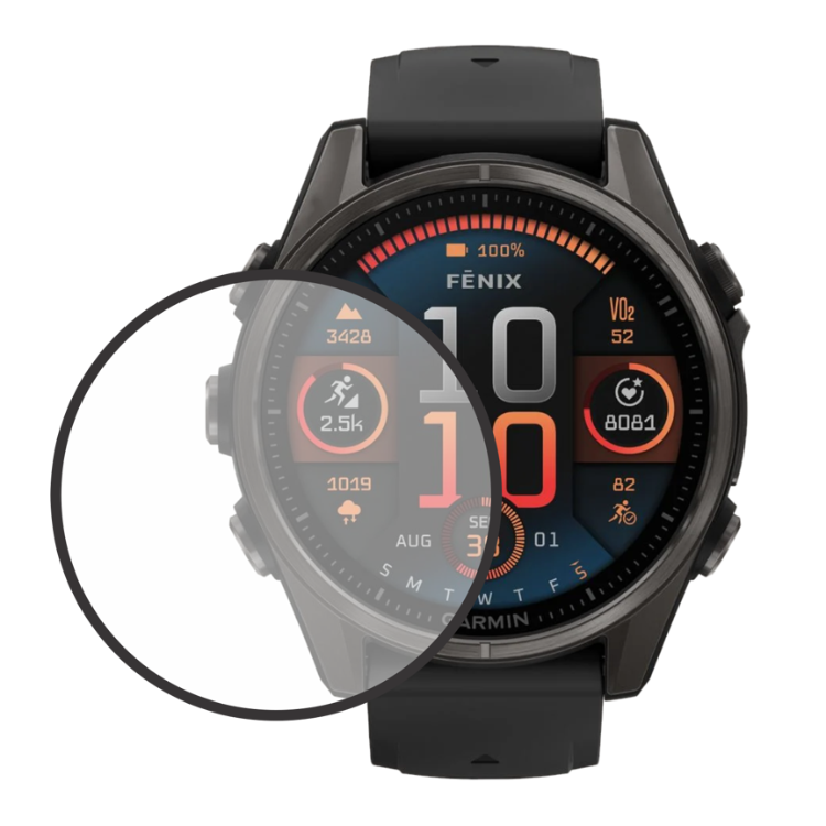 Prozorno zaščitno steklo za uro Garmin Fenix 8 (43 mm), prikazano na zaslonu pametne ure za zaščito pred praskami.