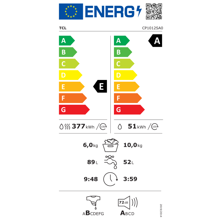 Energijska nalepka za pralno‑sušilni stroj TCL CP1012SA0 z energijskim razredom E za pranje in sušenje ter A za pranje, porabo 377 kWh in 51 kWh na 100 ciklov, zmogljivostjo 6 kg (pranje in sušenje) oziroma 10 kg (pranje), porabo vode 89 L in 52 L ter glasnostjo 72 dB pri ožemanju.