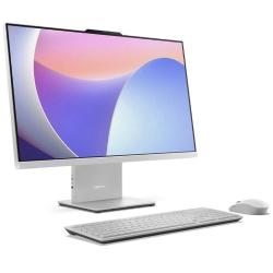 Lenovo All-in-One računalnik z elegantnim belim dizajnom, tankimi robovi zaslona, brezžično tipkovnico in miško predstavlja sodobno rešitev za domačo ali poslovno uporabo.