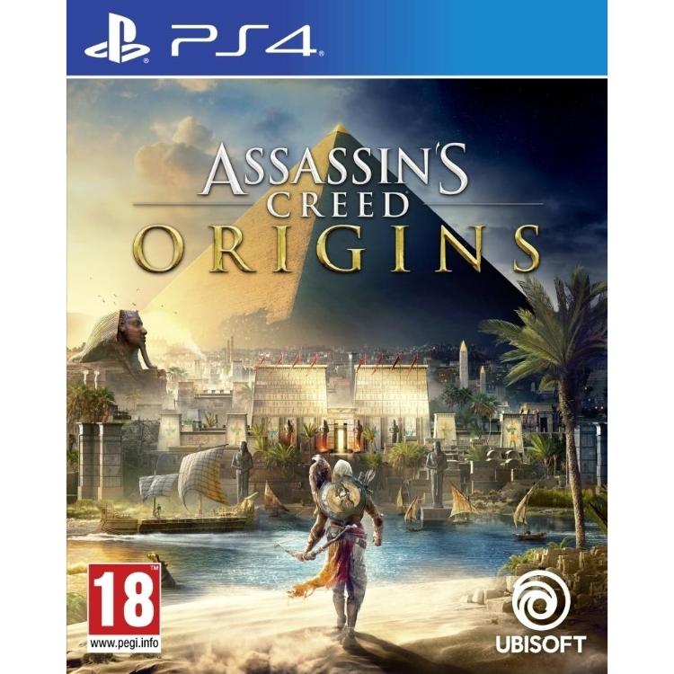 Assassin’s Creed Origins za PS4, uradna naslovnica igre z motivom starega Egipta, piramidami in glavnim junakom.