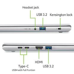 Acer Aspire Go 16 AG16-71P-903G i9-13900H/16GB/SSD 1TB/16'' WUXGA/W11, prikaz priključkov USB-C, HDMI, USB 3.2, avdio in Kensington.