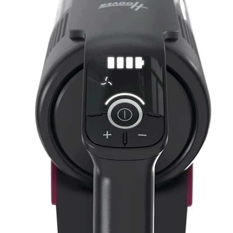 Upravljalni del sesalnika Hoover z LED prikazom napolnjenosti baterije in nastavljivo močjo sesanja.