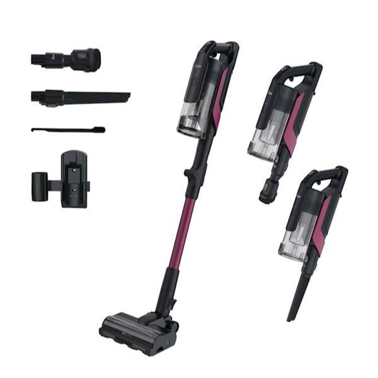 Baterijski sesalnik Hoover HF610HX z nastavki, prikaz pokončne in ročne uporabe.