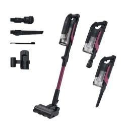 Baterijski sesalnik Hoover HF610HX z nastavki, prikaz pokončne in ročne uporabe.