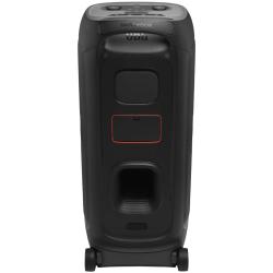 Zadnja stran prenosnega zvočnika z ročajem, kolesi in odprtino za nizkotonec