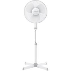 Stoječi ventilator Sencor v beli barvi z nastavljivo višino, okroglo zaščitno mrežo in križnim podstavkom, sprednji pogled.