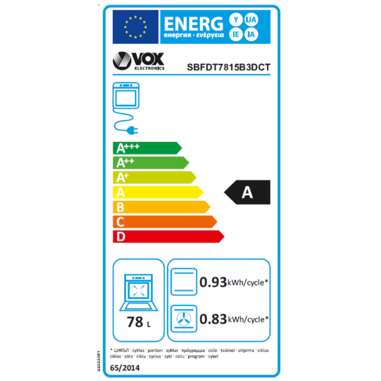 Vgradna pečica VOX SBFDT 7815B3DCT, A, 78 L