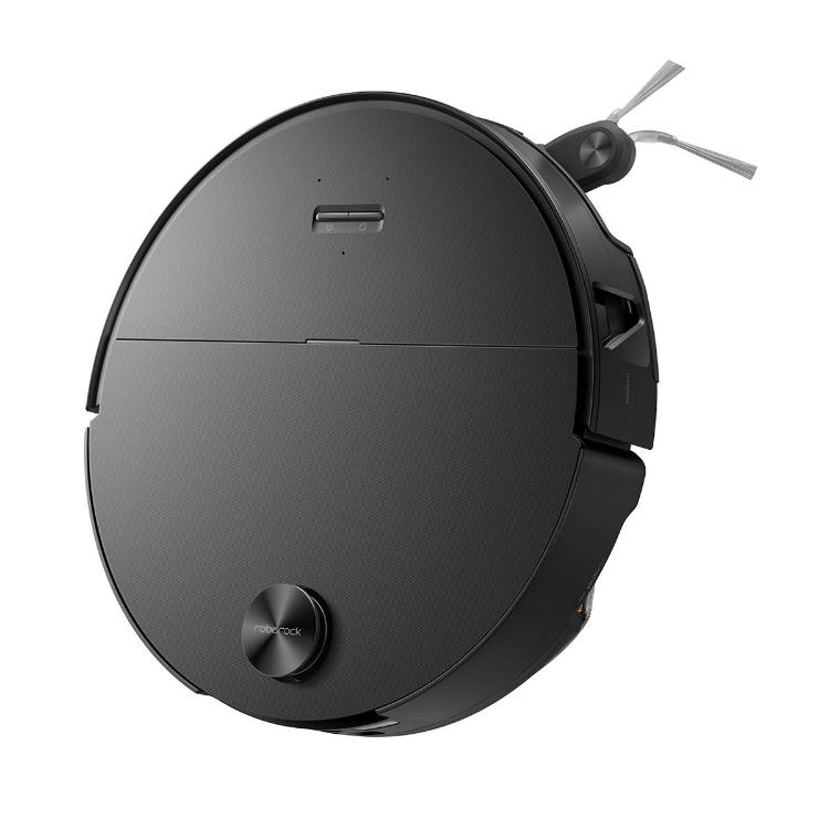 Črn robotski sesalnik Roborock, prikazan pod kotom z LiDAR navigacijskim senzorjem in elegantnim minimalističnim dizajnom.