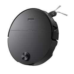 Črn robotski sesalnik Roborock, prikazan pod kotom z LiDAR navigacijskim senzorjem in elegantnim minimalističnim dizajnom.