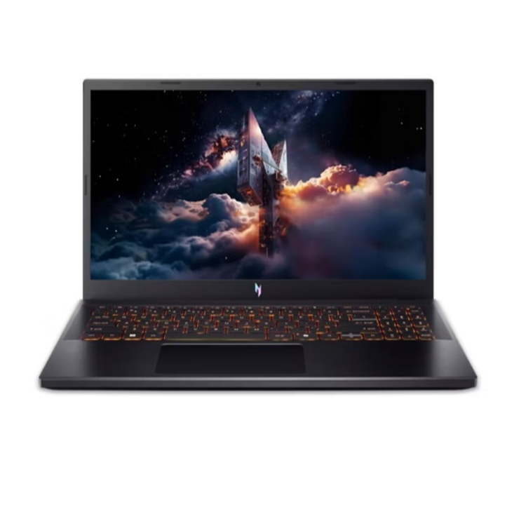 Acer Nitro prenosnik z 15-palčnim zaslonom, črno ohišje, oranžno osvetljena tipkovnica in gaming grafika.