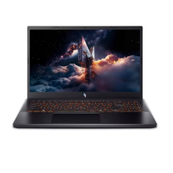 Acer Nitro prenosnik z 15-palčnim zaslonom, črno ohišje, oranžno osvetljena tipkovnica in gaming grafika.